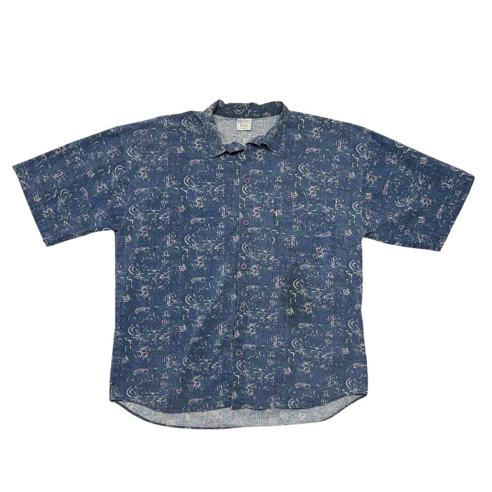 Vintage Anchor Blue Shirt Mens XL Blue Geometric Button Up Made in USA 90s